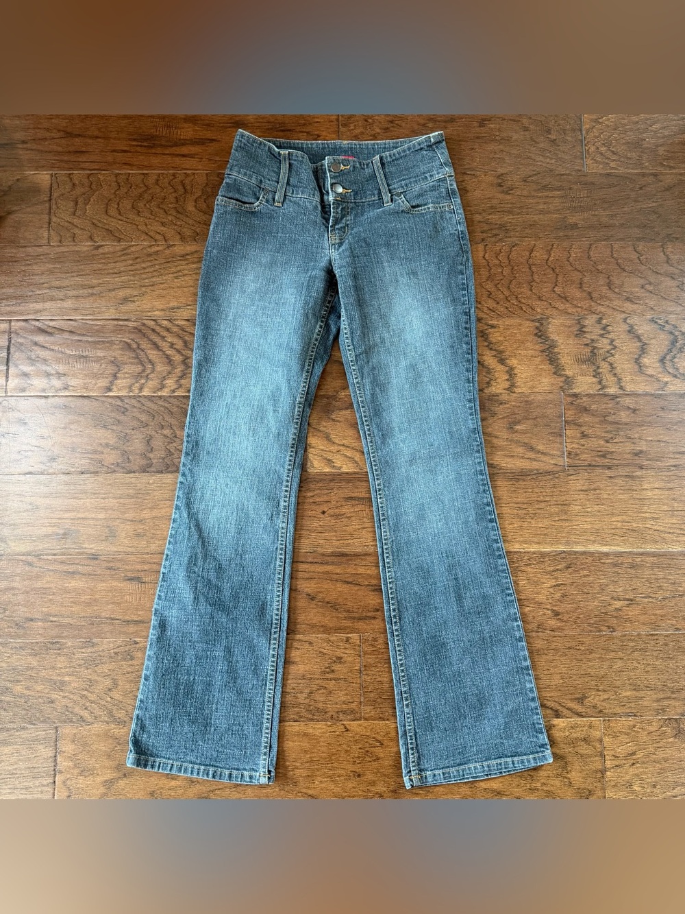 Mossimo Stretch Jeans 5 32”Denim Bootcut Dark Wash Juniors Y2K 2 Button Low Rise